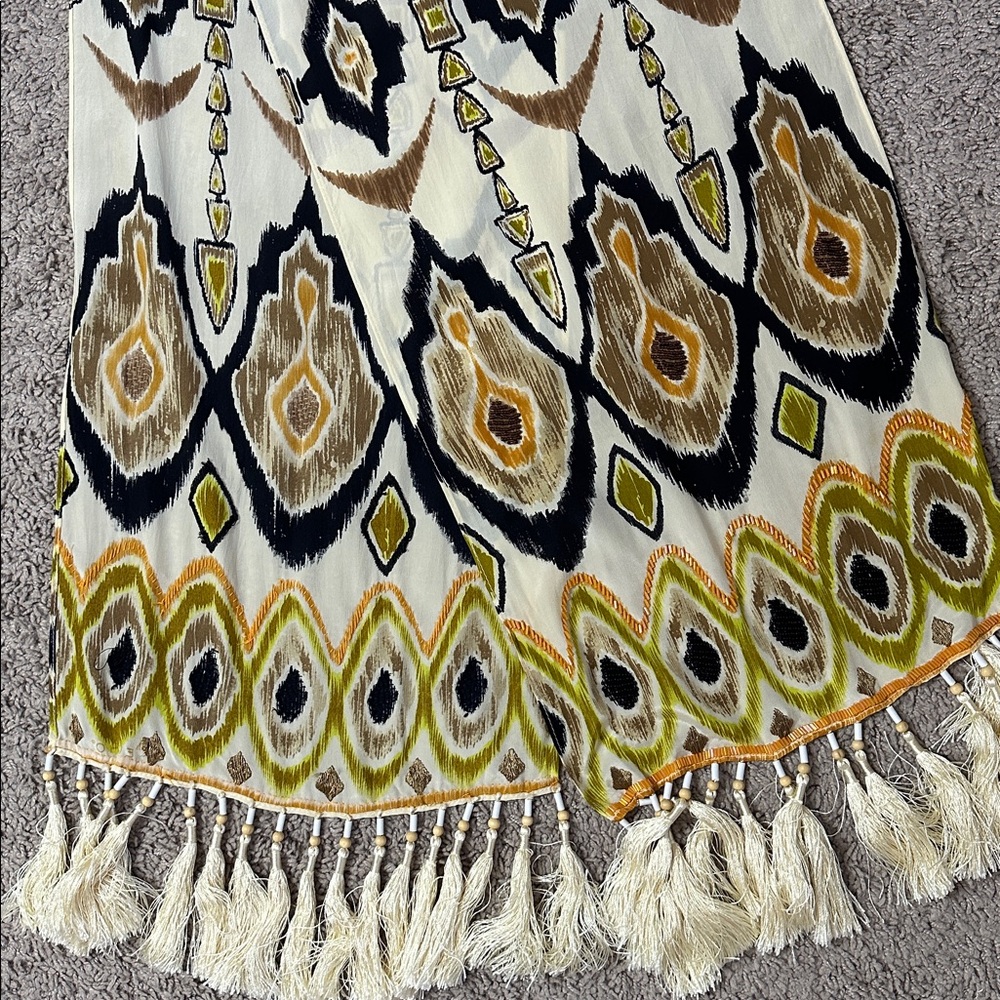 Boho Tassel Silk Scarf in Ivory with Olive & Tan Pattern And Beads